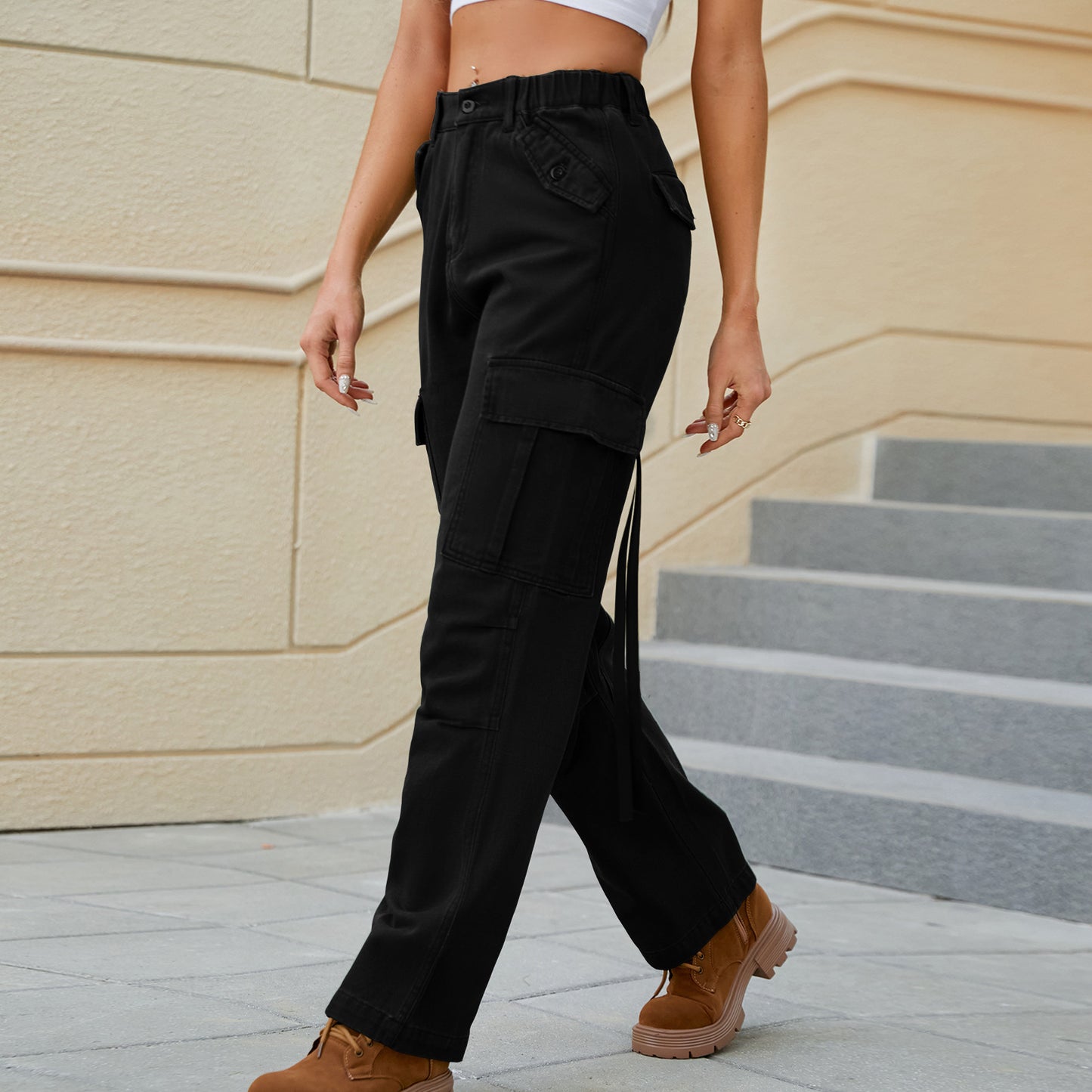 Women Spring Summer Washed Cargo Pants Ribbon Jeans Casual Trousers