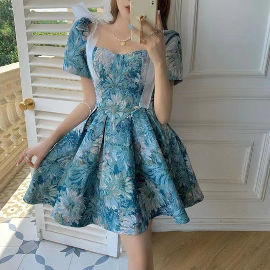 Floral Dress Women Summer French Cinched Short Dress Niche Design Sweet Puff Sleeve Dress