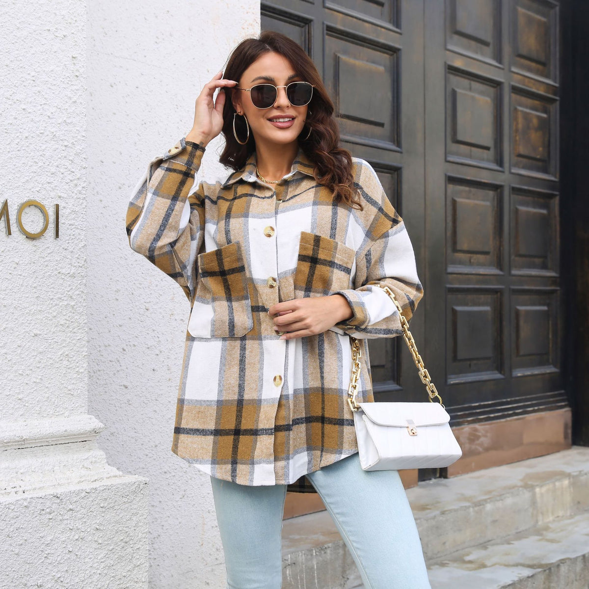 Plaid Coat Women Long Sleeve Mid Length Woolen Shacket Autumn Winter Women Clothing