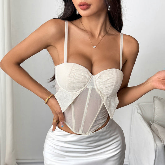 See through Mesh Patchwork Sexy Suspenders Sexy Diamond Boning Corset Vest Women