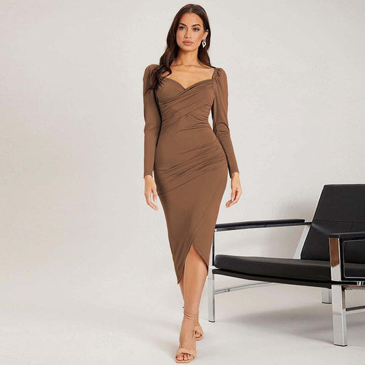 Women Clothing Elegant Socialite V neck Dress Autumn Winter High Sense Midi Dress