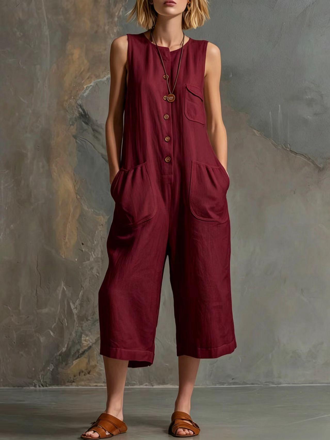 Spring Summer Casual Retro Sleeveless White Cotton Linen Wide Leg Cropped One Piece