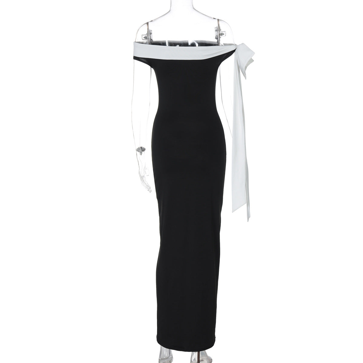 Women Clothing Autumn Winter Fashionable off Shoulder Ribbon Slim Solid Color Dress