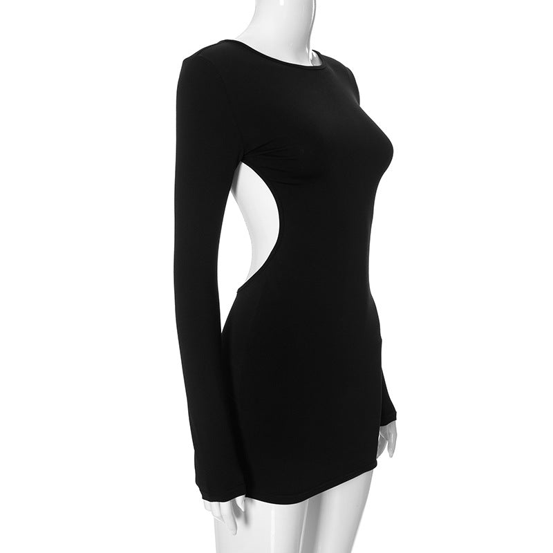 Women Clothing Summer Solid Color Round Neck Backless Slim Fit Sheath Dress