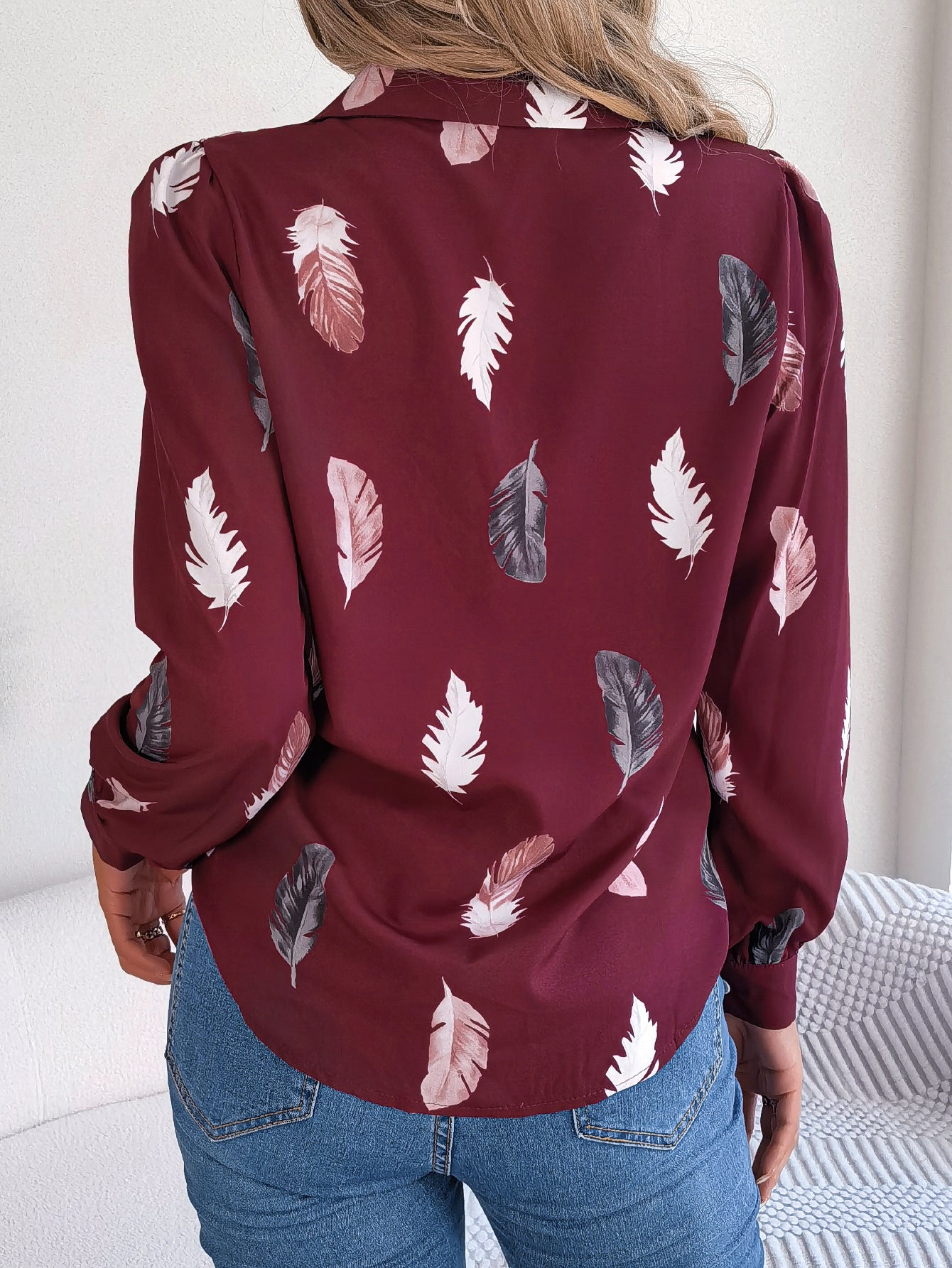 Autumn Winter Elegant Feather Printed Suit Collar Long Sleeve Shirt Women Clothing