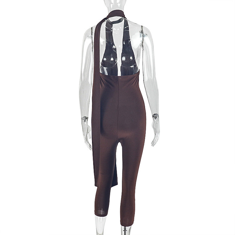 Women Clothing Skinny Sports Office Jumpsuit V neck Tied Slim Fit Solid Color Trendy Jumpsuit