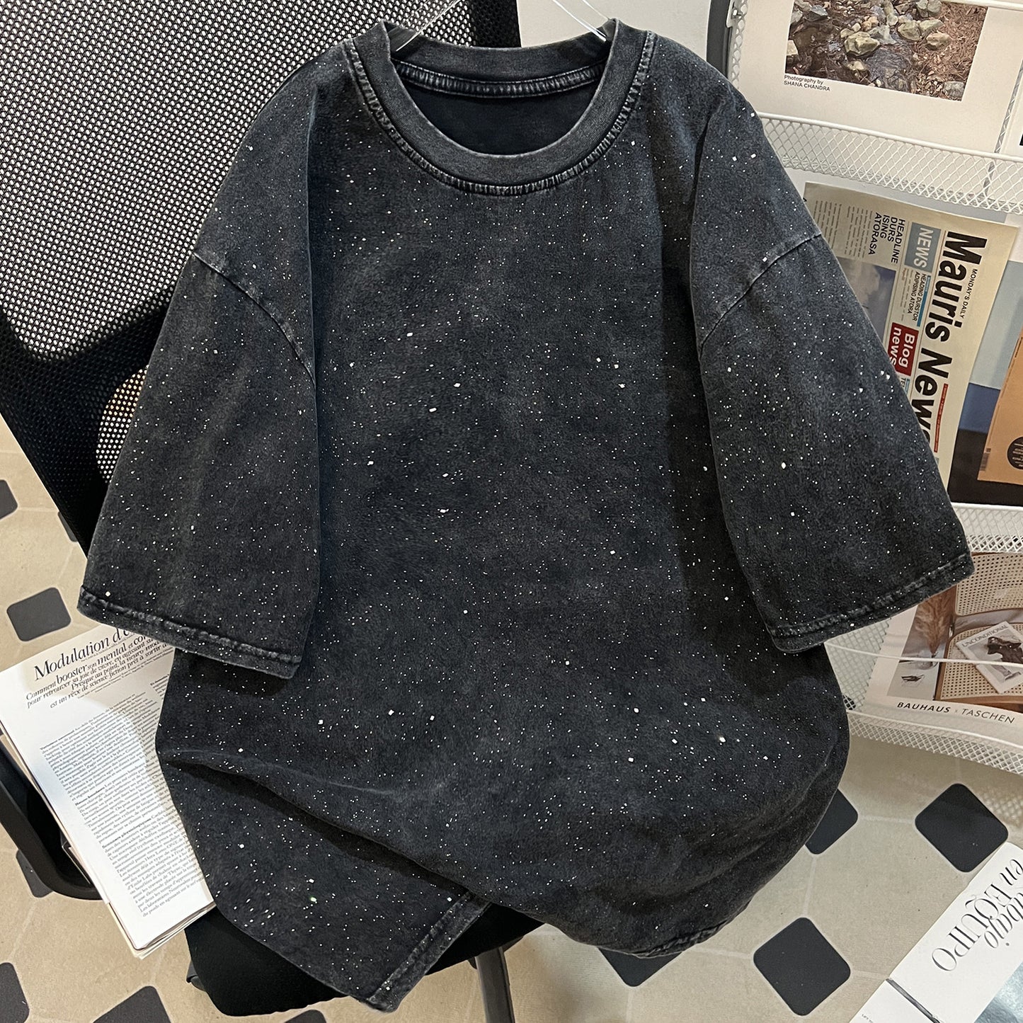 Starry Wash Vintage Cotton Loose Top Women Niche Design Washed Distressed Short Sleeved T shirt