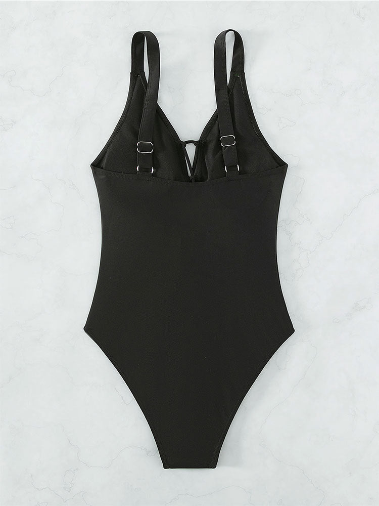 Tight Conservative One Piece Swimsuit Solid Color Sling Hollow Out Cutout Triangle Beach One Piece Bikini