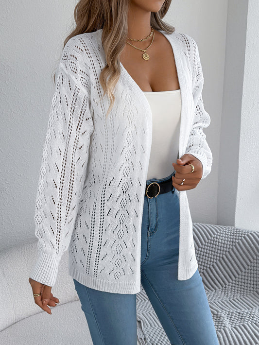 Early Autumn Casual Hollow Out Cutout out Lantern Long Sleeve Cardigan Sweater Mid Length Coat Women Clothing