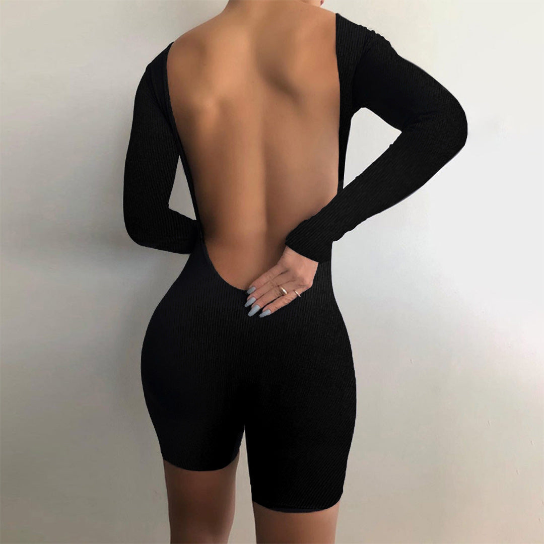 Women Clothing Goods Comfortable Rib Fabric Solid Color Sexy Backless Jumpsuit