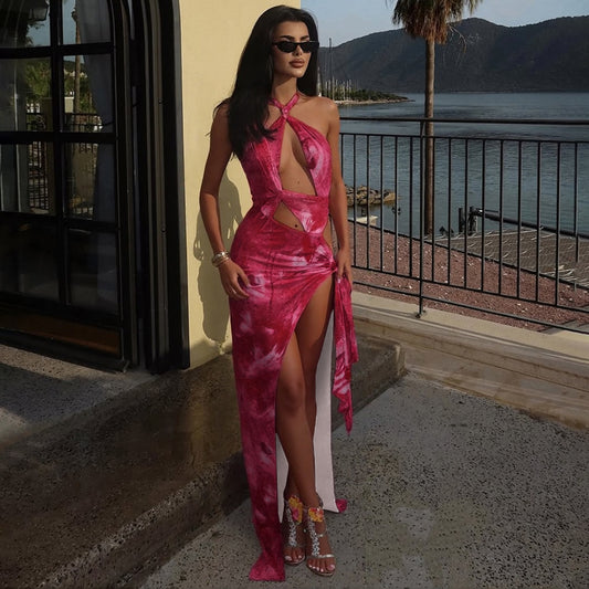 Summer Women Clothes Sexy Irregular Asymmetric Halter Contrast Color Strap Low Waist Split Dress
