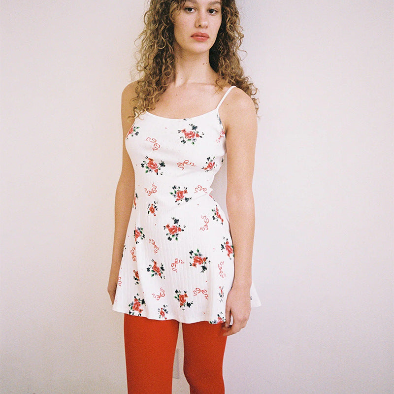 Women Clothing Summer French Fresh Floral Strap Dress Sexy Waist Trimming Casual Home A Line Dress