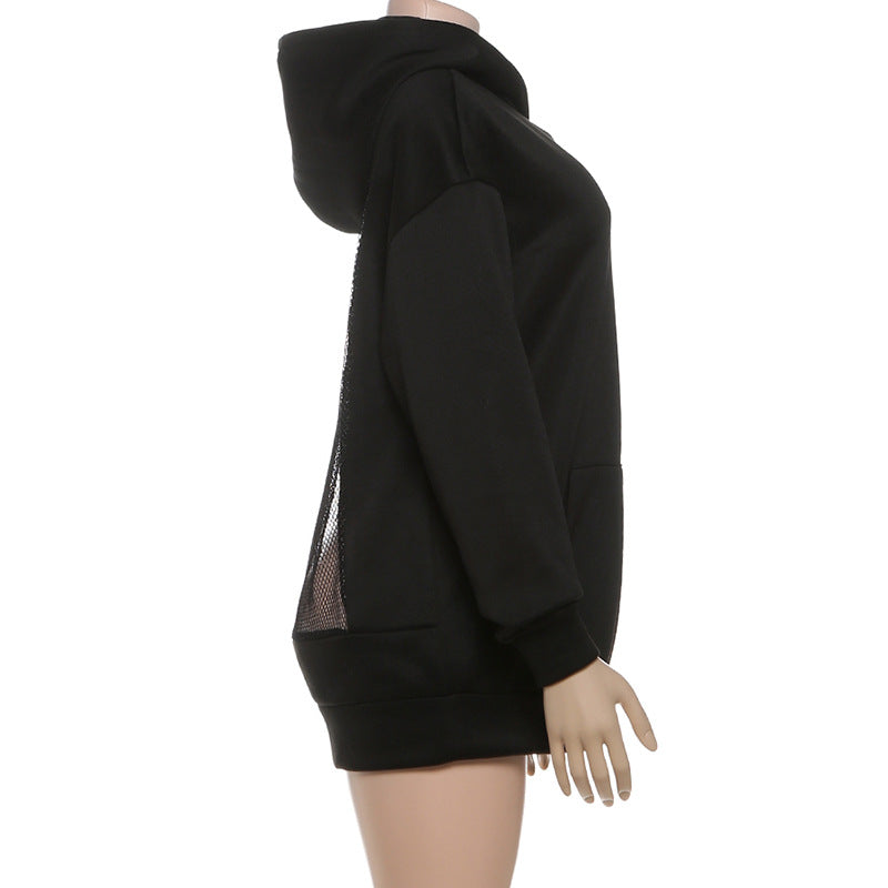 Autumn Winter Women Clothing Sexy See through Mesh Stitching Long Sleeve Hooded Sweater Women