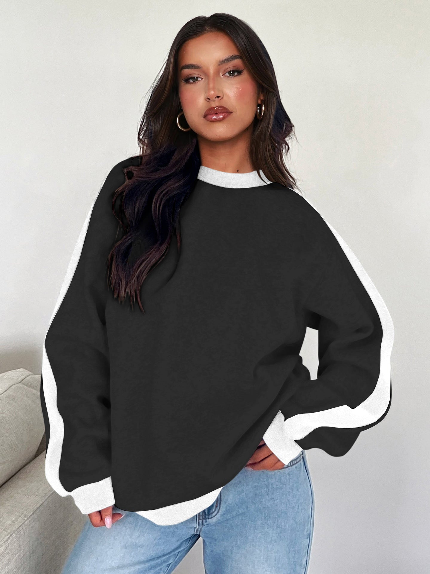 Tide Brand Women Clothing Contrast Color Loose Sweater Knitwear Slimming