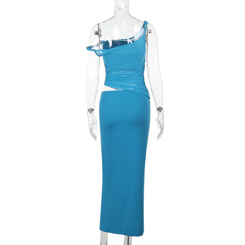 Crossbody Twisted Mesh Stitching Dress Summer Solid Color Women Clothing