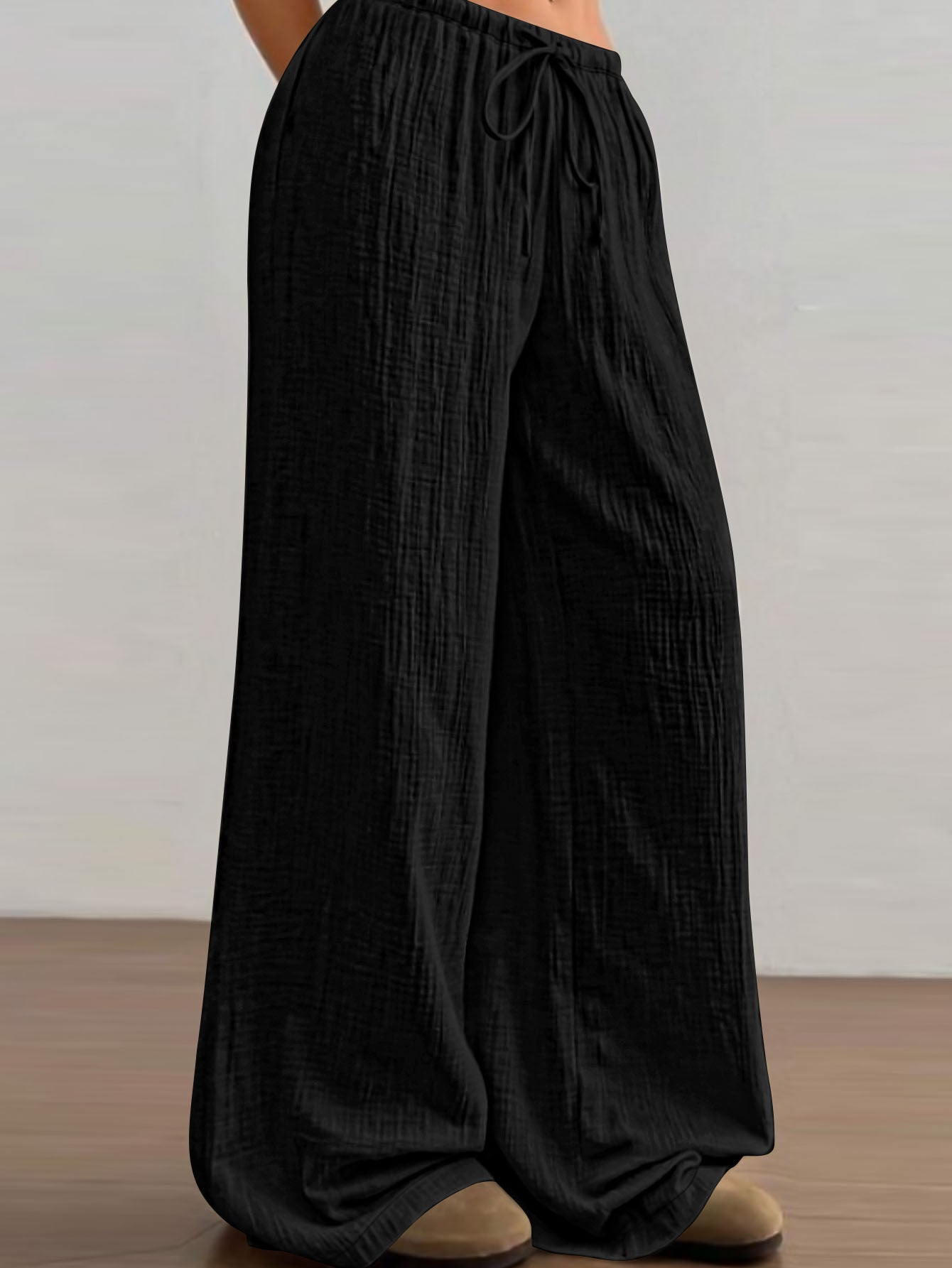 Autumn Solid Color Wide Leg Pants Fashionable Simple Elastic Waist Drawstring Casual Pants Women Clothing