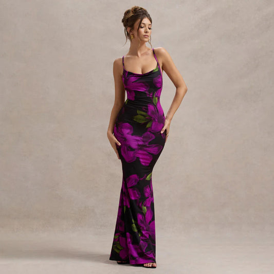 Women Dress Floral Print Cross Shoulder Strap Backless Slim Fit Inner Dress