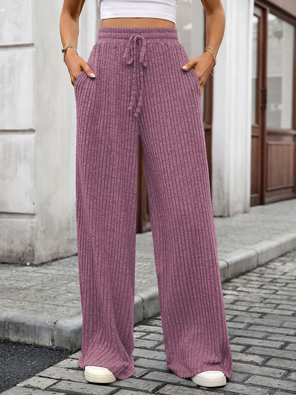 Autumn Winter Solid Color Drawstring Sunken Stripe Brushed Elastic Waist Casual Trousers