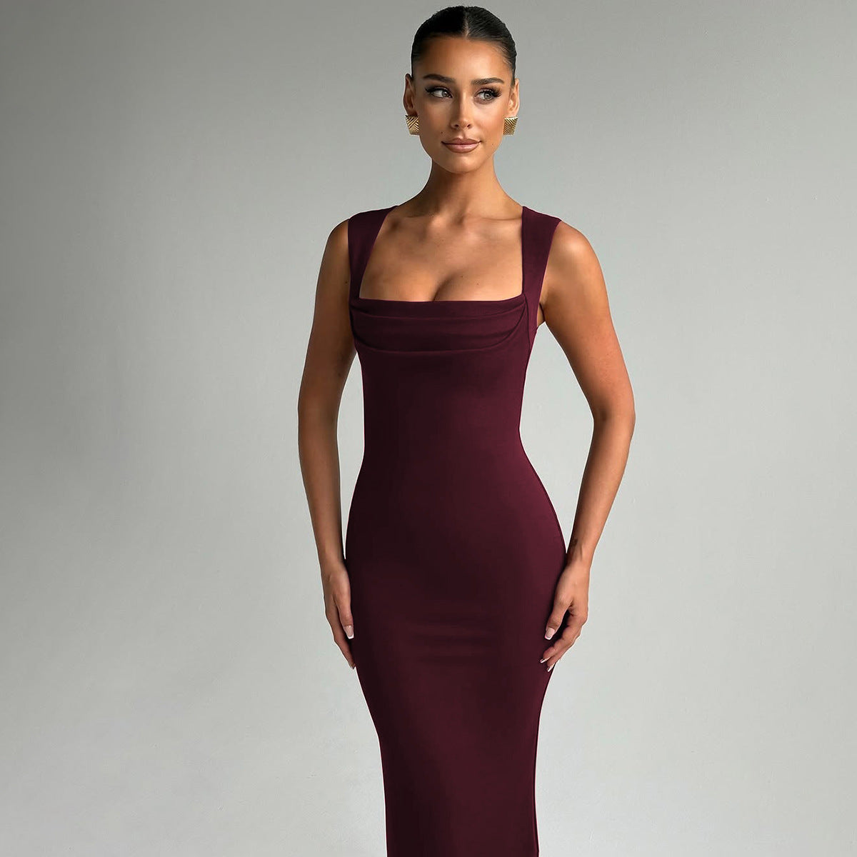 Women Clothing Spring Summer Slim Fit Square Collar Sleeveless Waist Slimming Dress
