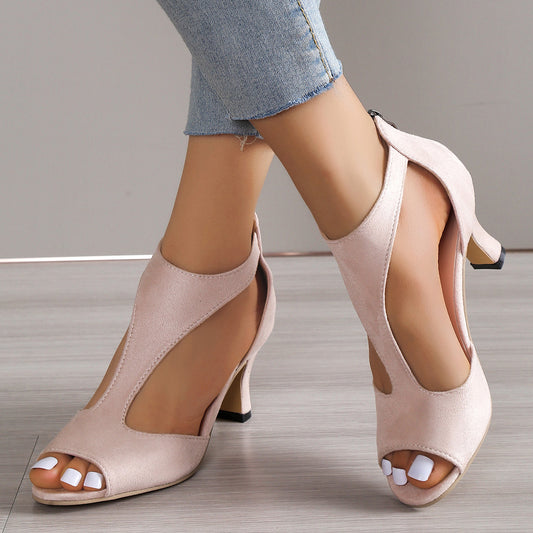 Chunky Heel Suede Fish Mouth Hollowed Sandals Women One Word Bag Heel Open Toed Roman Sandals