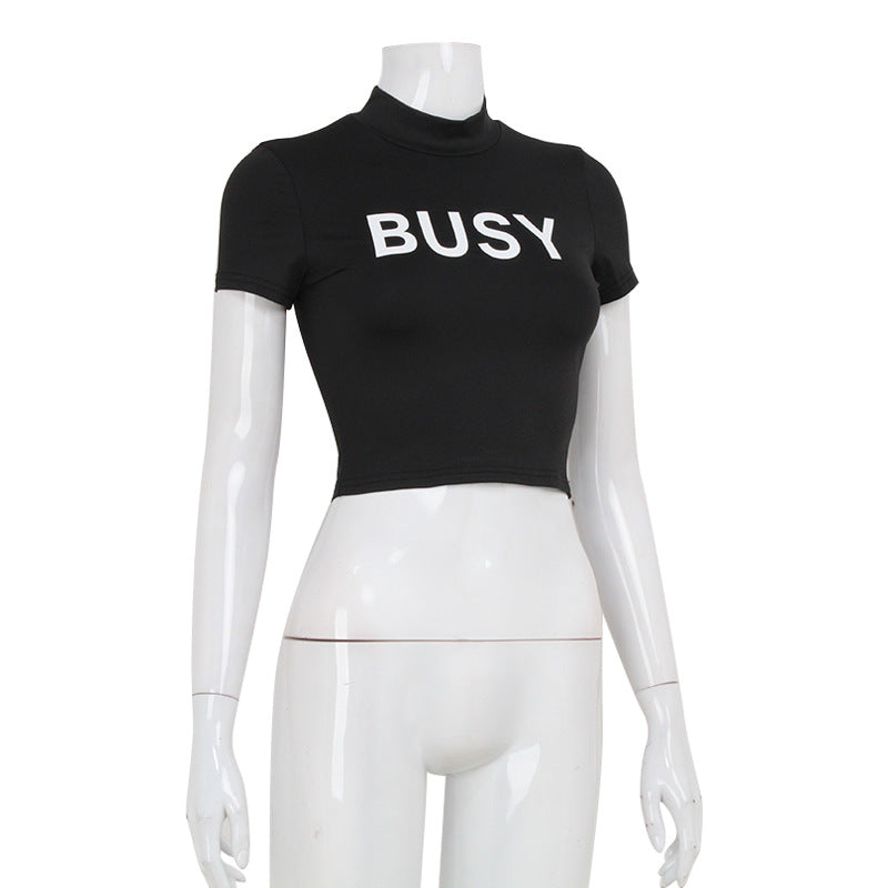 Summer Women Letter Graphic Print Shoulder Tight Cropped Turtleneck Street Sexy Short Top Women
