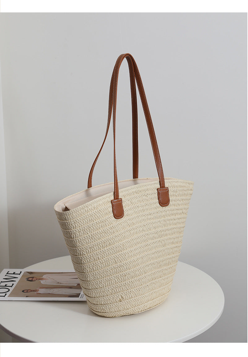 Simple Shoulder Straw Bag Large Capacity Straw Bag Woven Bag Tote Bag Women Seaside Vacation Beach Bag