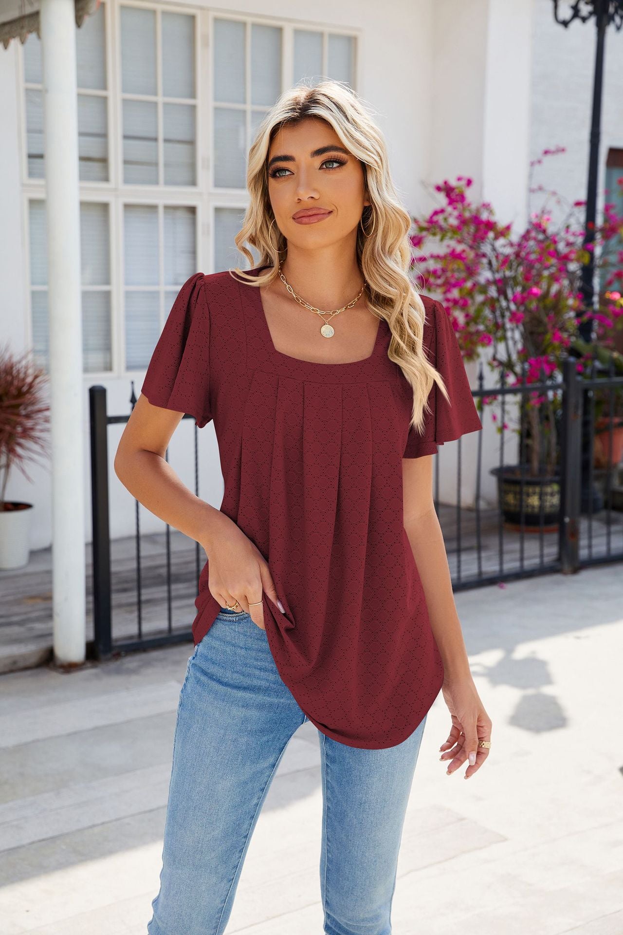Spring Summer Solid Color Square Collar Pleated Short Sleeves Loose Fitting T shirt Top Women