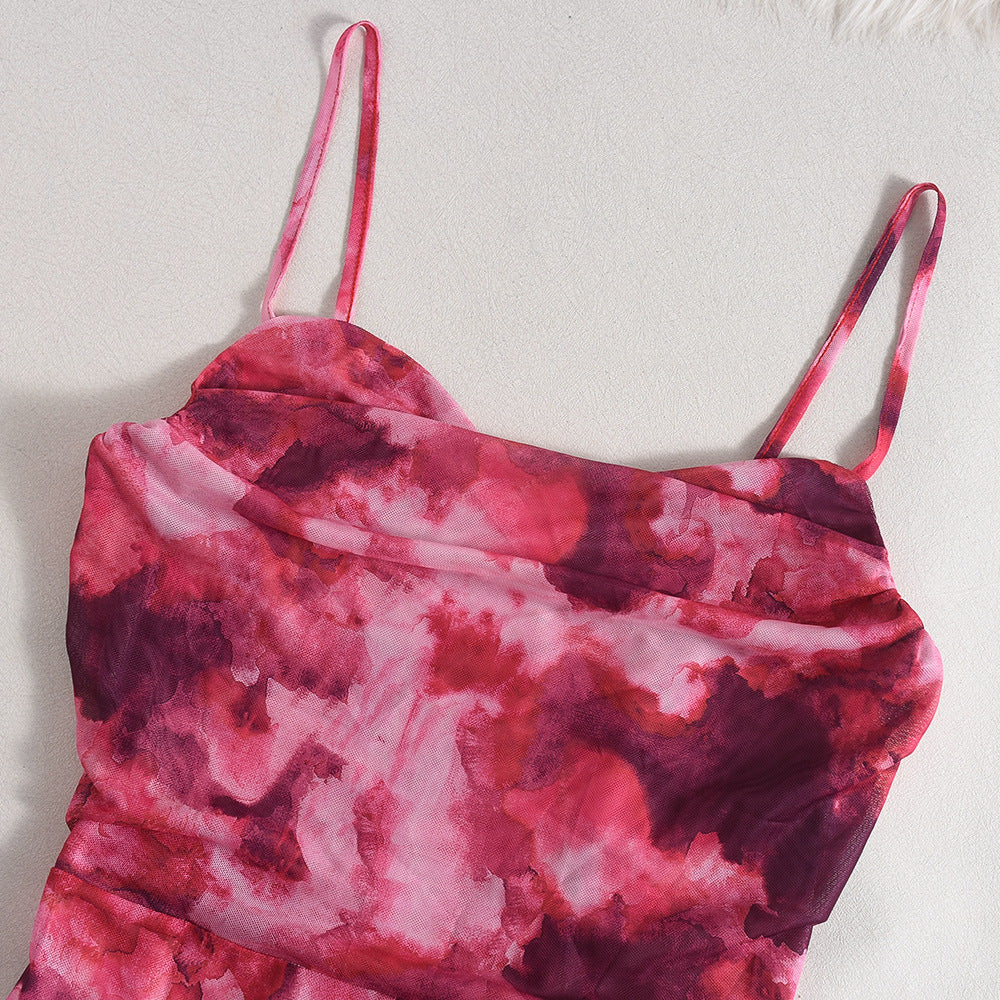 Women Clothing Autumn Mesh Floral Print Backless Sexy Suspenders Jumpsuit