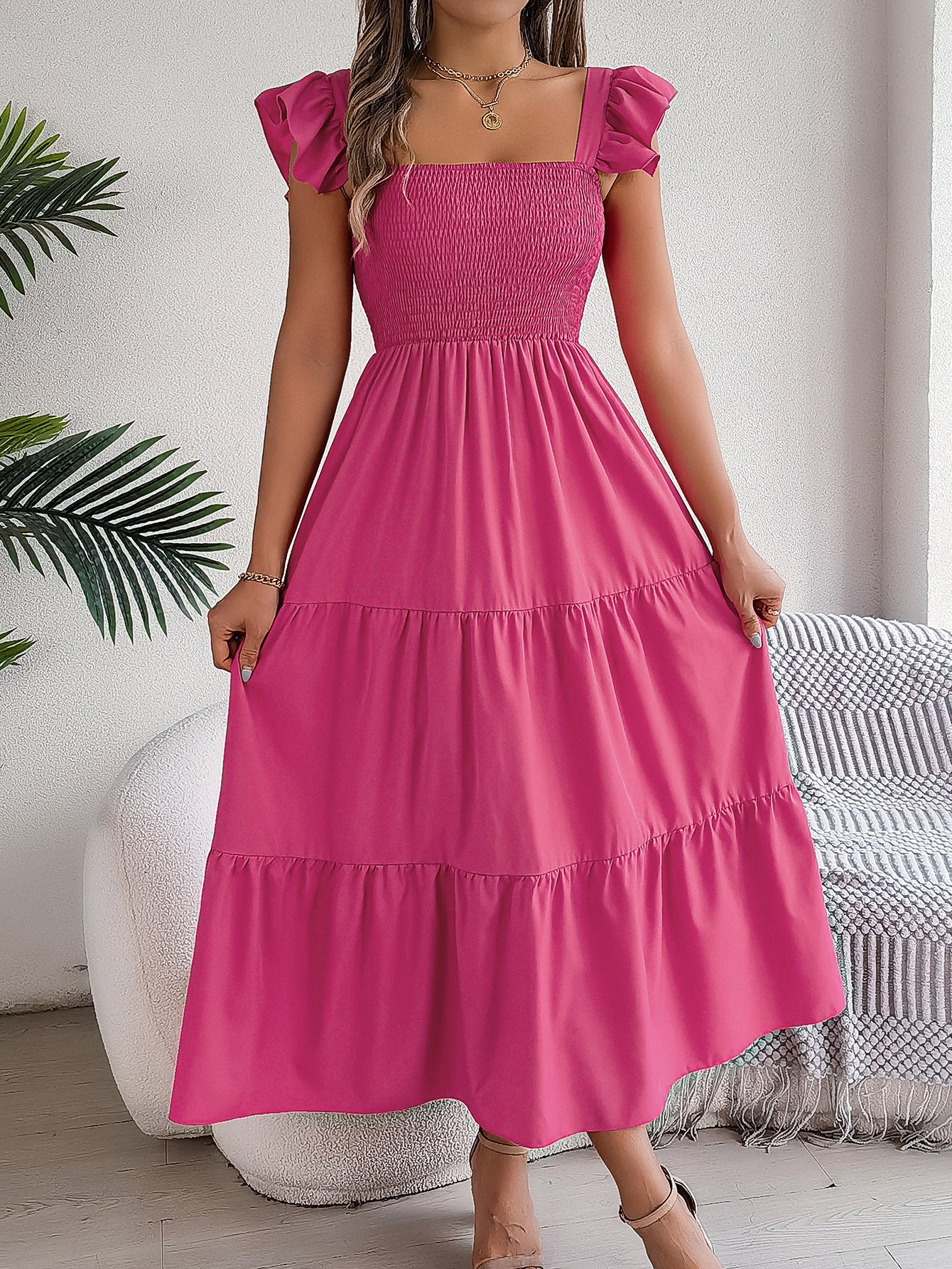 Summer Solid Color Square Collar Wooden Ear Waist A line Dress Women Clothing
