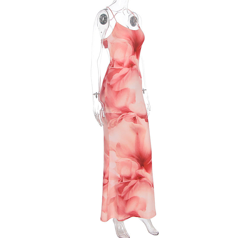 Summer Women Elegant Sexy Print Backless Slim Fit Waist Sheath Dress