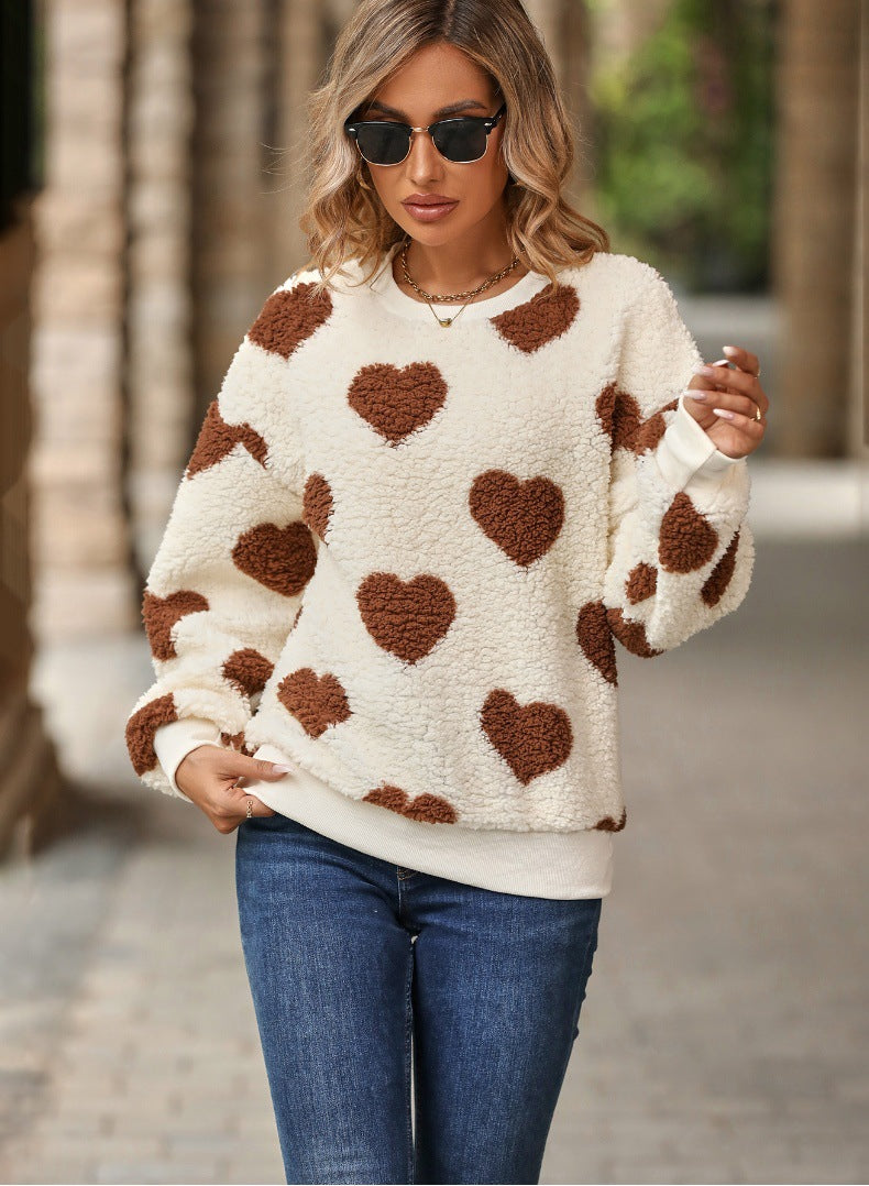 Women Clothing Autumn Winter Plush Loving Heart Printed Loose Long Sleeves Crew Neck Pullover Sweatshirt