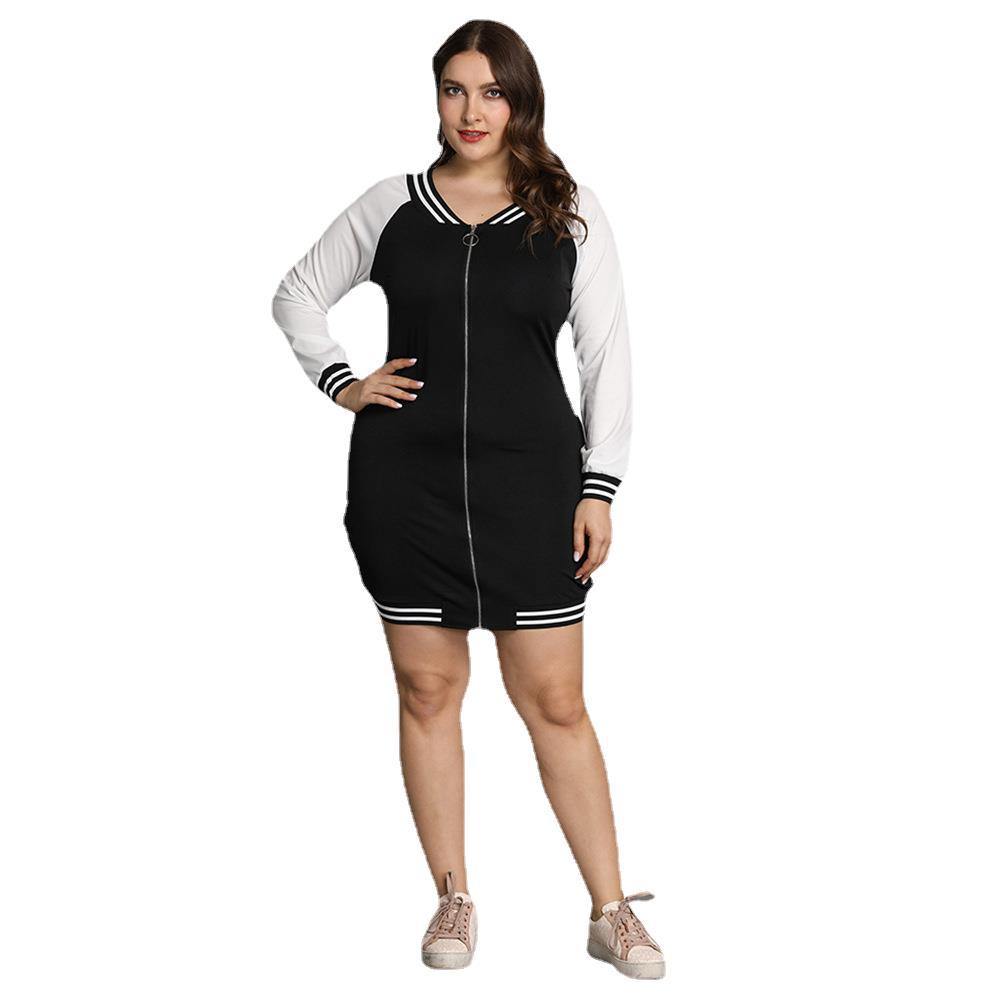 Plus Size Autumn Women Long Sleeve Color Zipper Dress Mid-Length