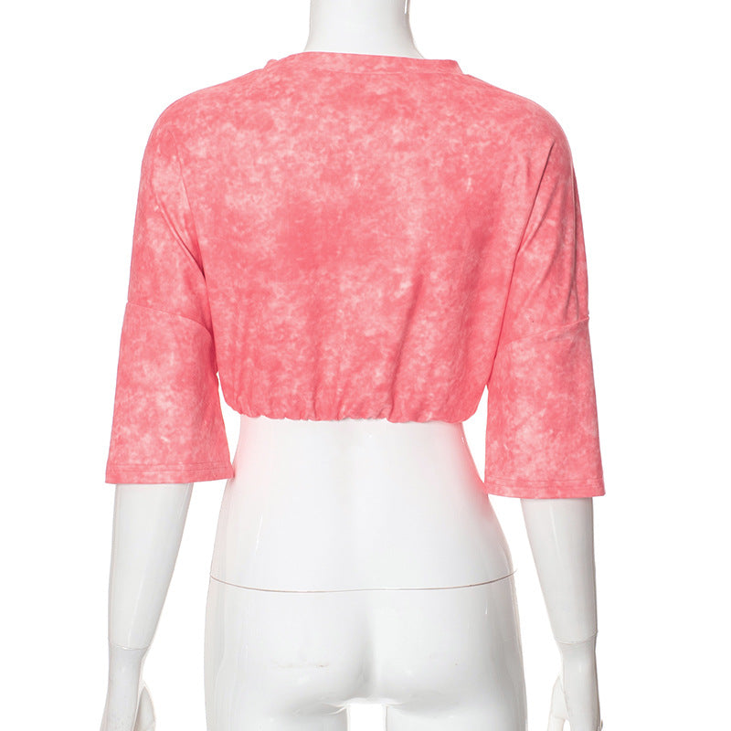 Women Clothing Summer Print round Neck Five Quarter Sleeve Cropped Elastic Waist Top T shirt