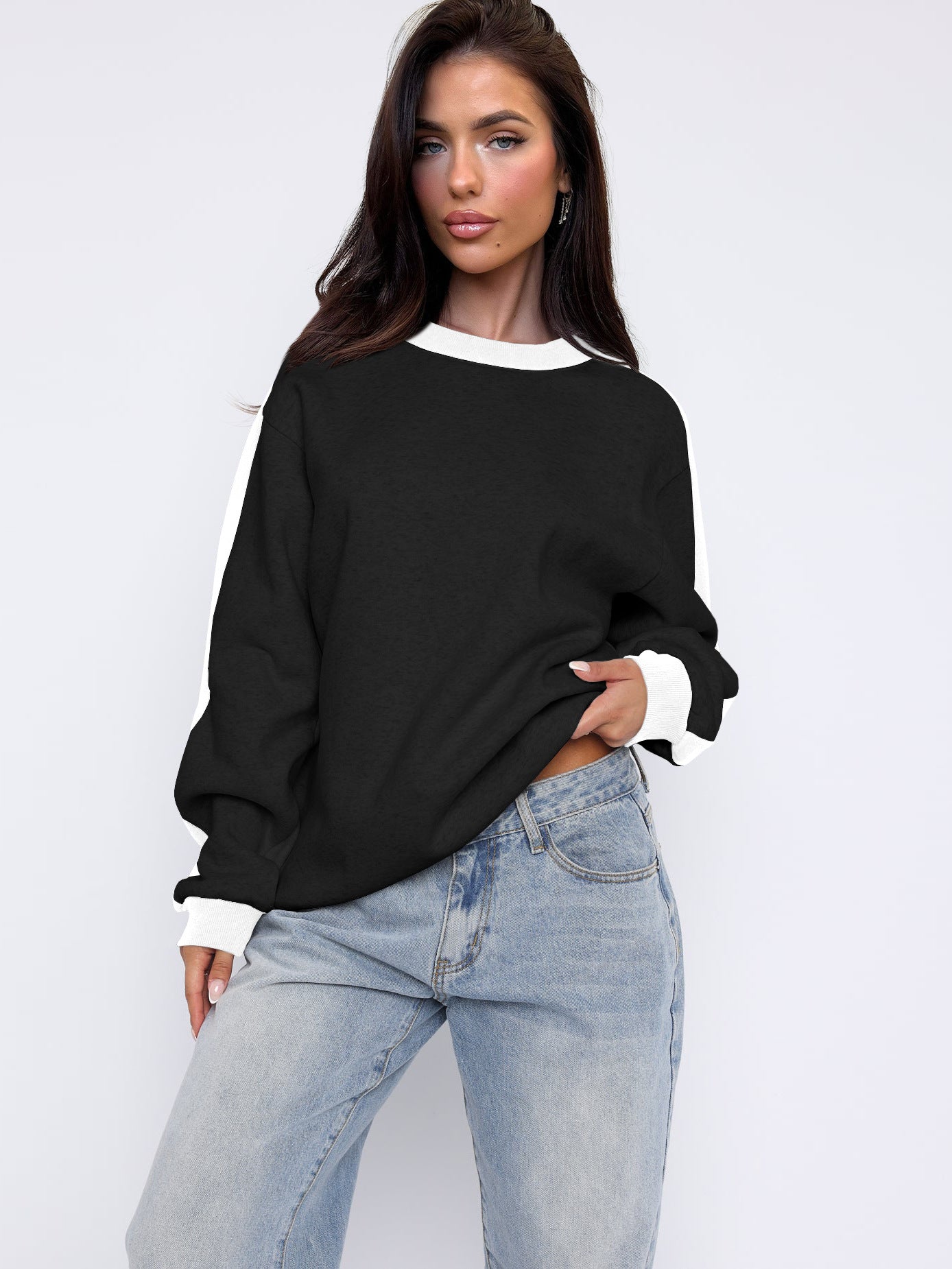 Tide Brand Women Clothing Contrast Color Loose Sweater Knitwear Slimming