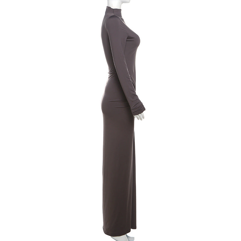 Autumn Winter Sexy Slimming Beam Waist Solid Color Maxi Dress Pleated Dress Women