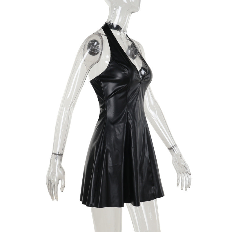 Summer Type Hip Elegant Sexy Sexy V Neck Leather Dress Women