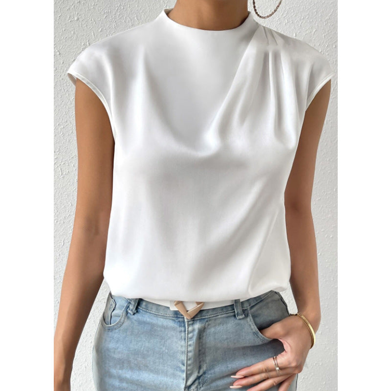 Artificial Silk Top Women Satin T shirt Satin Short Sleeve Bottoming Inner Wear Summer round Neck Outerwear Top