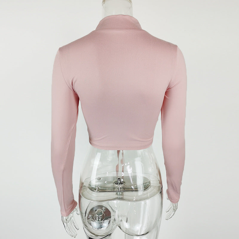 Autumn Sexy Women Clothing Pleating cropped Half-High Collar Long Sleeves T shirt Top