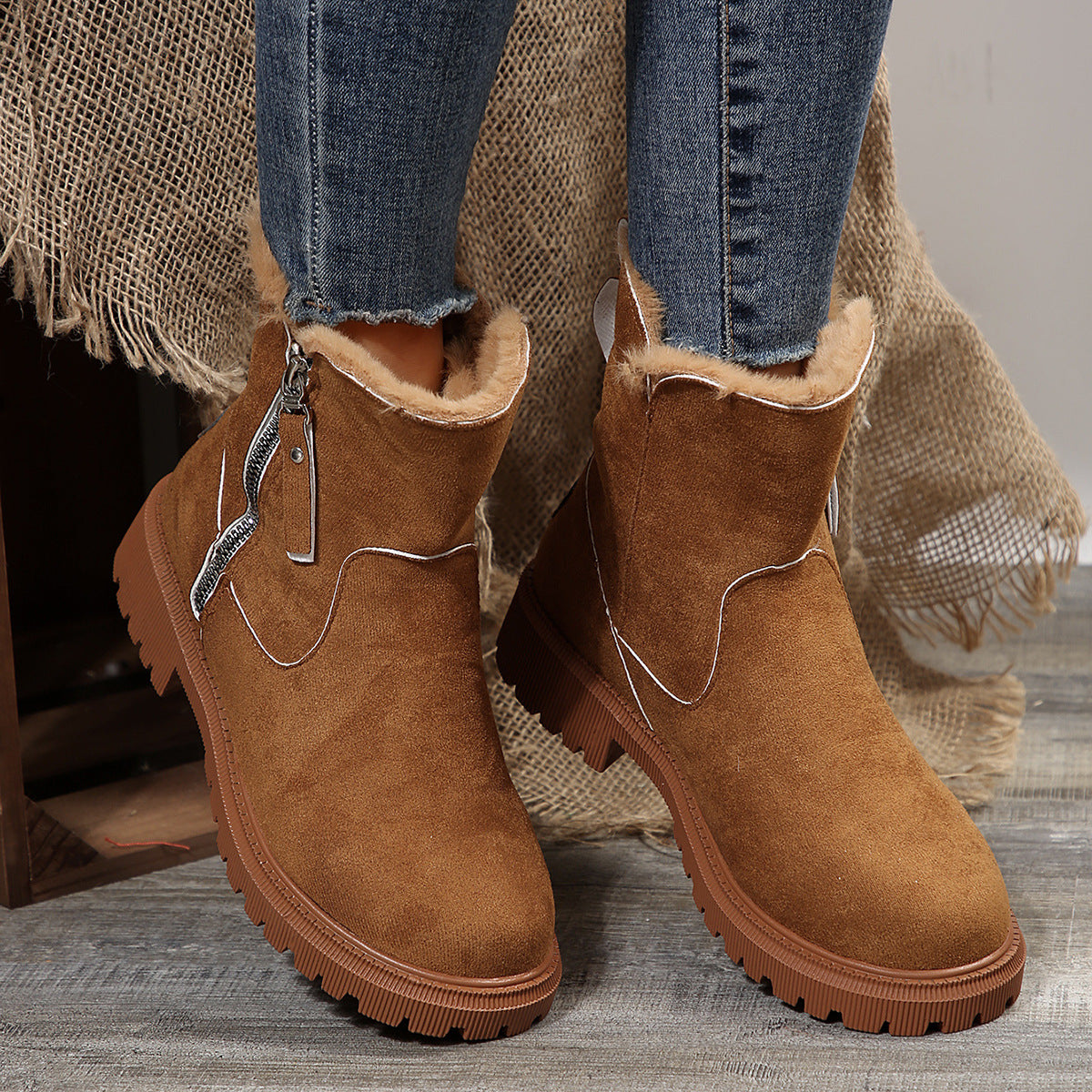 Winter Fleece Lined Short Fur Mouth Snow Boots Women Warm Side Zipper Suede Cotton Boots