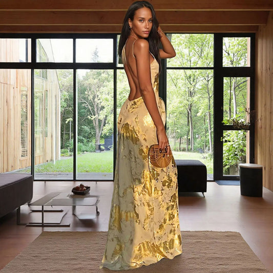 Women lothing Summer Sexy Backless Bronzing Sling Dress