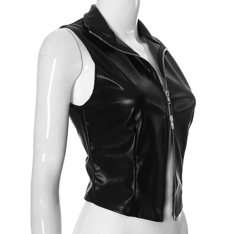 Women Clothing Solid Color Stand Collar Leather Glossy Zipper Vest Cardigan
