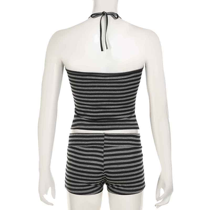 Sports Casual Slim Fit Sexy Home Wear Halter Spaghetti Straps Top Drawstring Shorts Striped Two Piece Sets