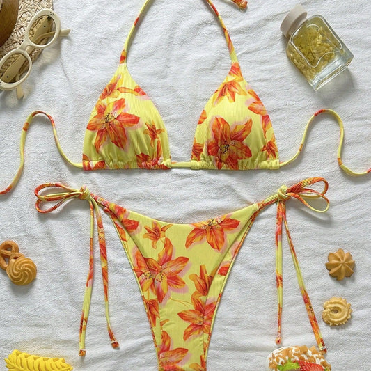 Swimwear Sexy Halter Lace up Floral Print Bikini Women Fresh Natural Swimsuit