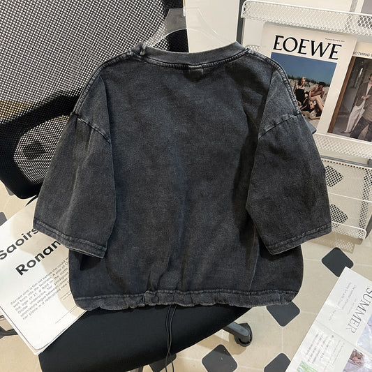 Trendy Age Reducing Pure Cotton Retro Washed Distressed All Matching Drawstring Short Washed Short Sleeve T shirt Women