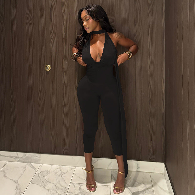 Women Clothing Skinny Sports Office Jumpsuit V neck Tied Slim Fit Solid Color Trendy Jumpsuit