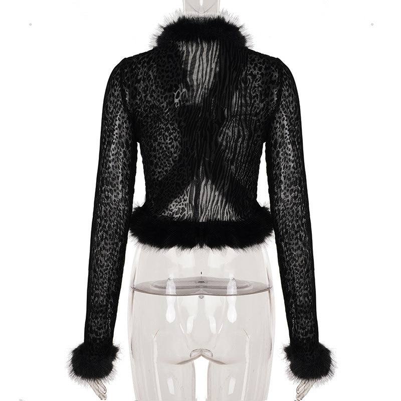 Sexy Flocking Wool Tops Lace up Cardigan Leopard Print Skirt Women Fur Stitching Two Piece Sets