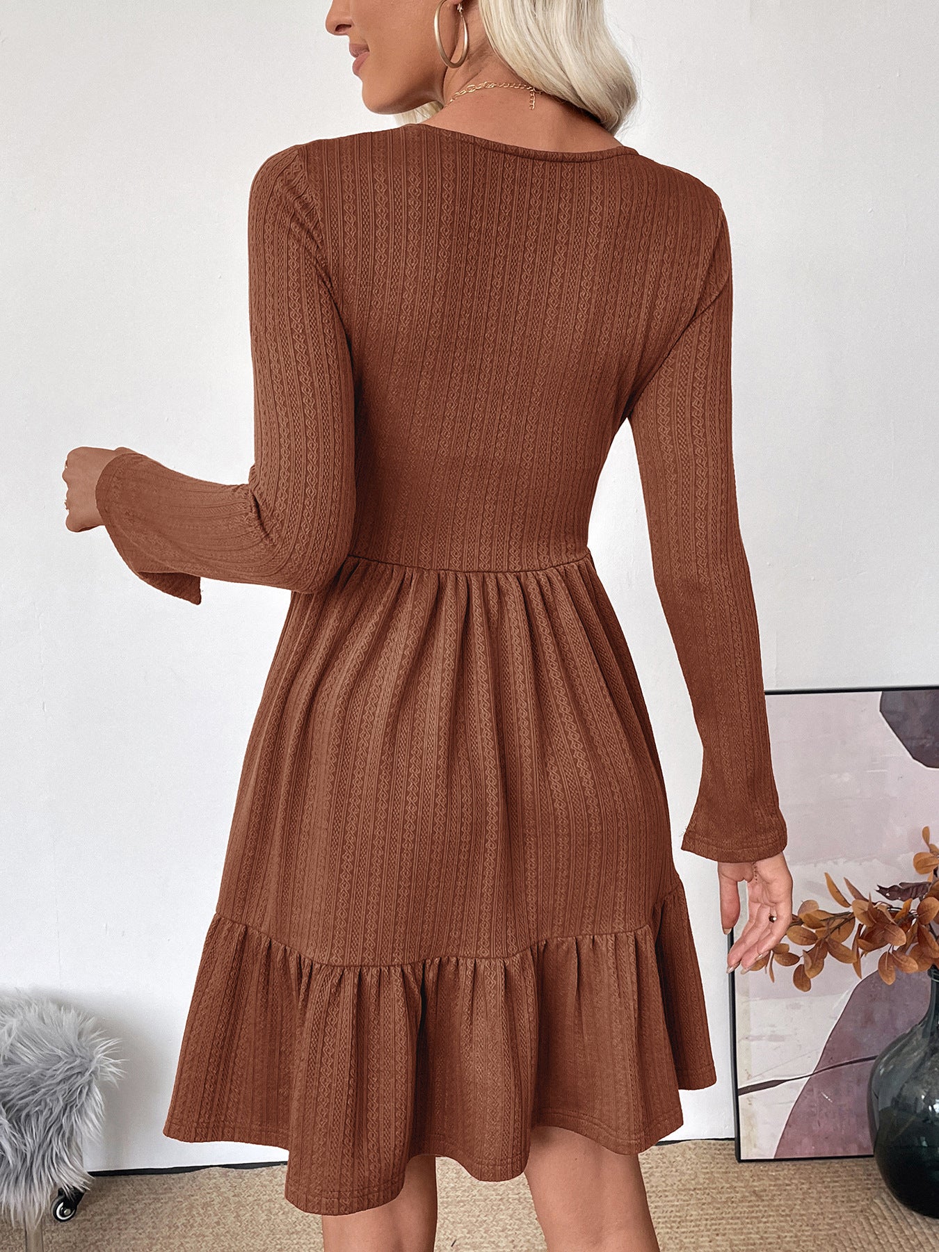 Autumn Elegant Retro Waist Trimming Knitted Solid Color Square Collar A line Dress