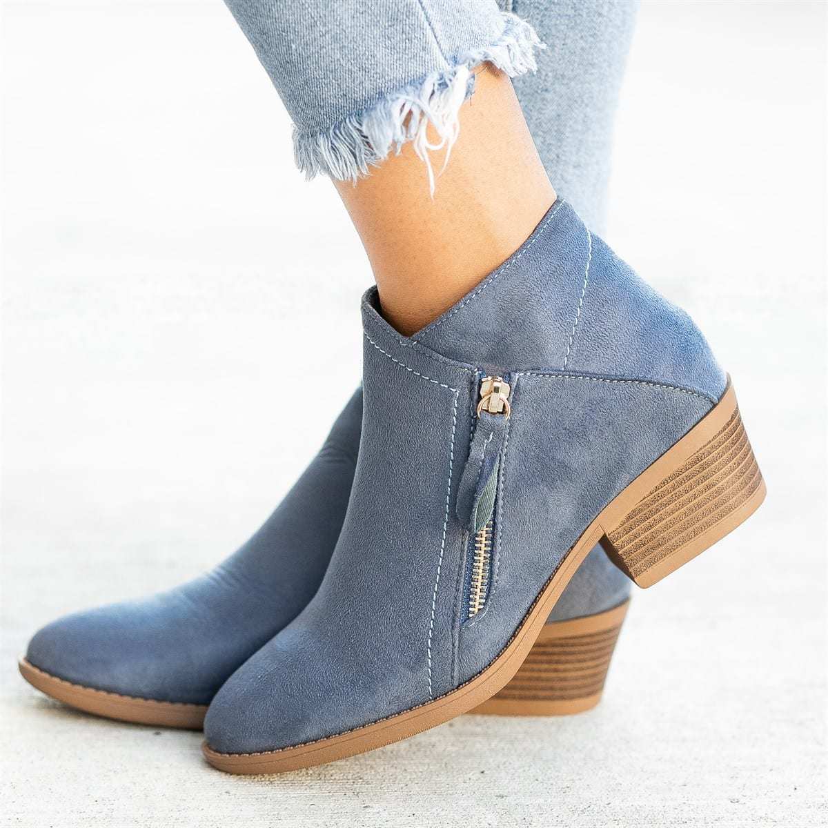 Short Tube Side Zipper round Toe Boots Women Suede Thick Heel Thin Martin Boots