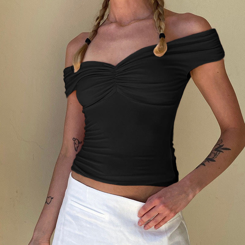 Women Clothing Spring Summer off Shoulder Wrinkle Front Chest Top Sexy off Shoulder Pure Sexy Vest Women