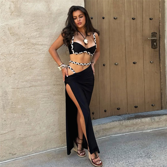 Spring Summer Women Clothing Cool Contrast Color Camisole Sexy Slim Side Slit Skirt Set
